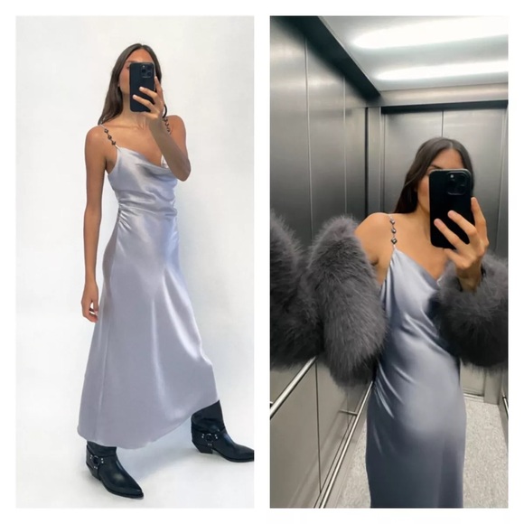 Zara Dresses & Skirts - 🆕(NWOT) ZARA Bloggers Fav Satin Cowl Neck Midi Dress w/ Rhinestone Straps. SMALL